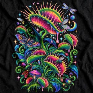 May include: A black fabric featuring a vibrant, multi-coloured graphic of Venus flytrap plants with dripping nectar. The design includes various insects like a dragonfly, moth, and ladybugs, along with small mushrooms and glowing star accents.