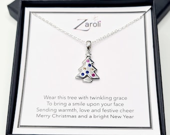 Collar con colgante de árbol de Navidad con brillantes diamantes de cristal, regalo de Navidad en tarjeta con poema.