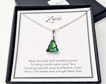 Collar con colgante de árbol de Navidad de cristal iridiscente, regalo de Navidad en tarjeta con poema, verde