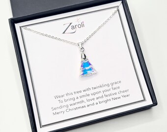 Collar con colgante de árbol de Navidad de cristal iridiscente, regalo de Navidad en tarjeta con poema, cristal AB