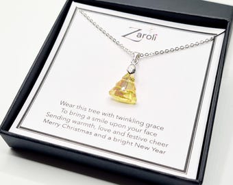 Collar con colgante de árbol de Navidad de cristal iridiscente, regalo de Navidad en tarjeta con poema, dorado