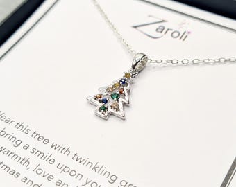 Collar con colgante de árbol de Navidad con brillantes diamantes de cristal, regalo de Navidad en tarjeta con poema.