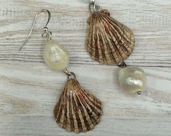 Asymetrical Large Pearl and Shell Earrings