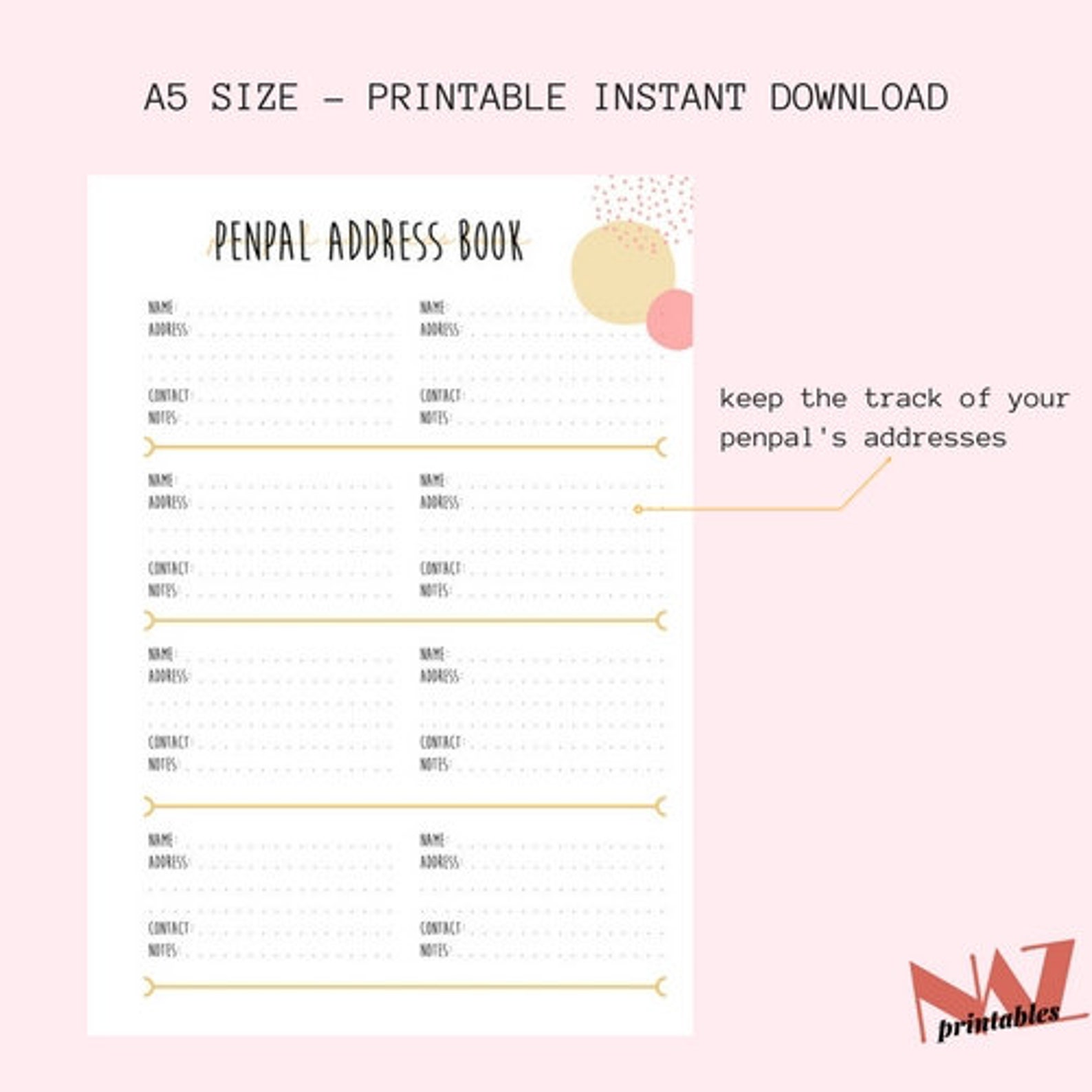 A5 Size Printable Penpal Address Book, Printable Pages, Planner Inserts ...