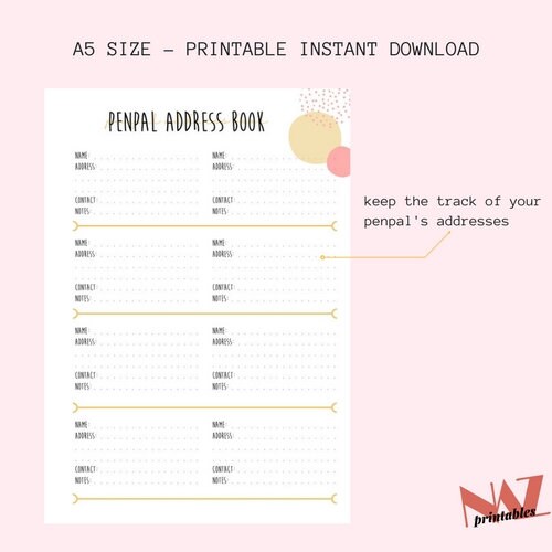 A5 Size Printable Penpal Address Book, Printable Pages, Planner Inserts - Etsy