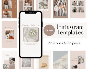70 modelli Instagram, modelli Canva, modelli di storie Instagram, modelli di post Instagram, tema minimale neutro, design Canva