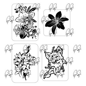 May include: Four black and white floral designs. The designs are of a lily, a rose, and two different types of orchids.