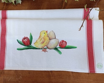 strofinaccio in cotone dipinto a mano, decorazione e scritta dipinta su stoffa, dedica su strofinaccio, decorazione per la cucina