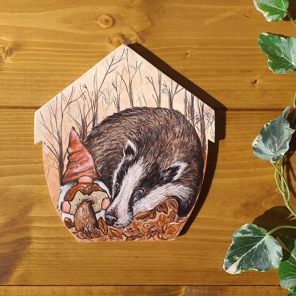 hand painted wooden plaque with gnomes and woodland animals, painted fox, owl, badger, handcrafted decoration to hang