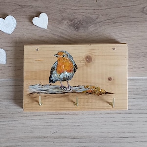 houten wandsleutelhanger, handgeschilderde houten plank met haken voor sleutels, geschilderde vogels, geschilderd huis- en familieschrift