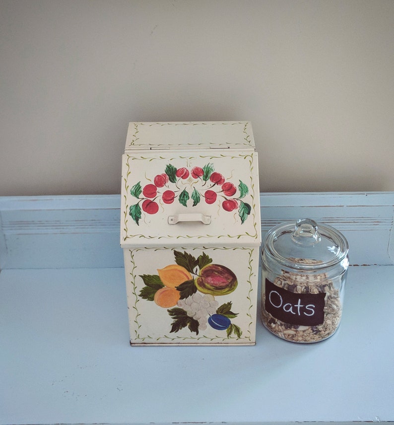 Vintage Metal Storage Bin With Hinged Lid Hand Painted Fruit Bin With Hinged Lid Hand Painted Fruit