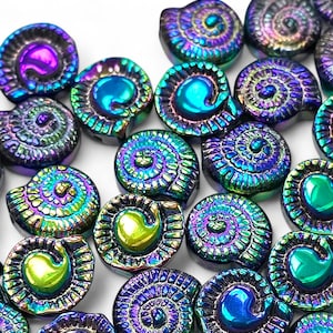 Electroplated Glass Spiral Shell Beads, Mardi Gras Beads, Iridescent Nautilus, Festive Boho Beads, 12mm, 25 or 50 Pieces