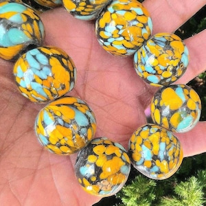 African Mosaic Glass Beads: India Millefiori Style, Orange Blue Black, 20mm, 5pc