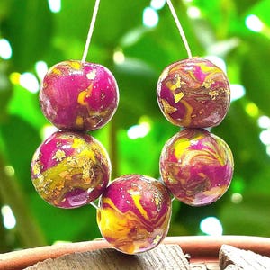 Handmade Marbled Polymer Clay Beads: Magenta, Green, Yellow, Gold Foil (6 Pcs, 12mm)