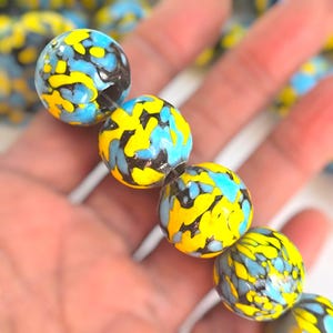 Large African Mosaic Glass Design, India Spotted Millefiori Motif, Yellow Blue and Black, Large Hole, 5 Beads, 20mm