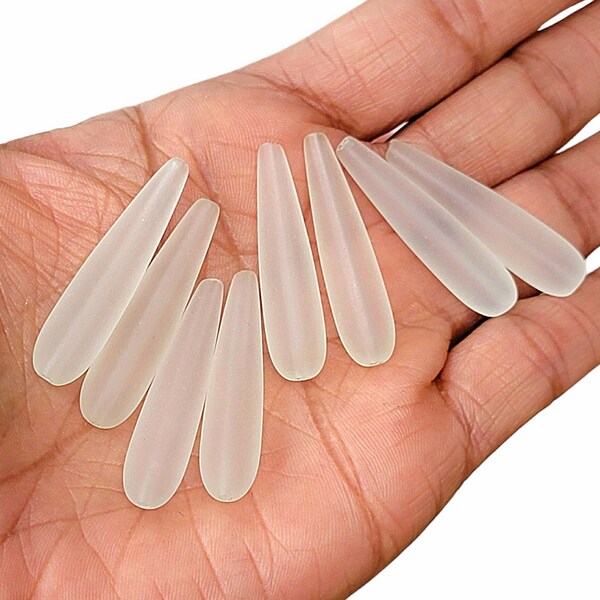 Long Cultured Sea Glass White Teardrops Beads, Frosted Glass Earring Drops, 6 Pieces, 34mm x 8mm