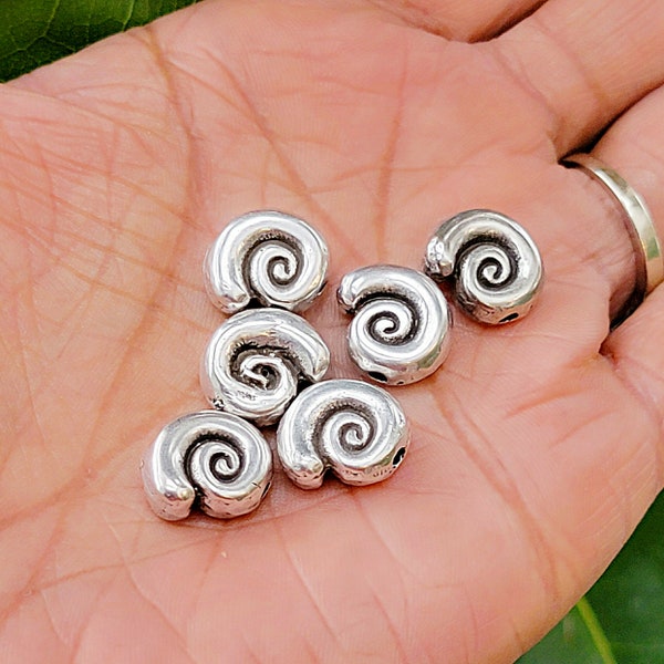 Antique Silver Spiral Mykonos Rustic Beads Round Boho Snail Shell Pewter Spacers 13mm 7 PIECES