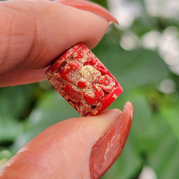 Carved Cinnabar Tube Beads with 24K Gold Dusting, Red Etched Flower, Gold Cinnabar Barrels, 2 Beads, Wholesale Destash, 15mm x 11mm