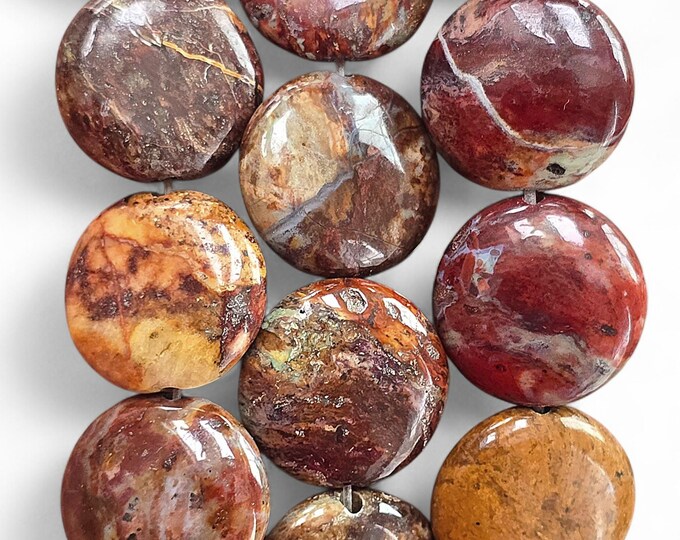 Earthy Red Mud Jasper Puff Coin Beads - Rustic Bohemian Gemstone - 16mm ...