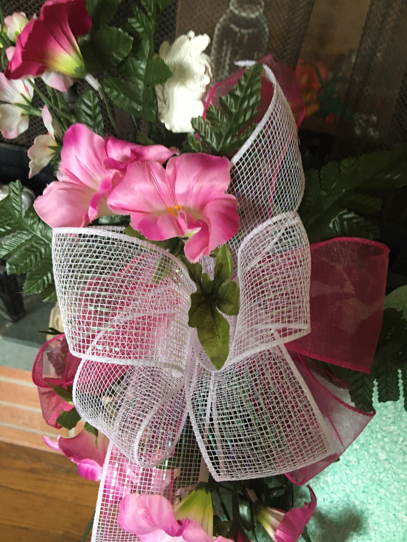 Green/pink Styrofoam Floral Memorial Heart & Stand / Funeral Etsy