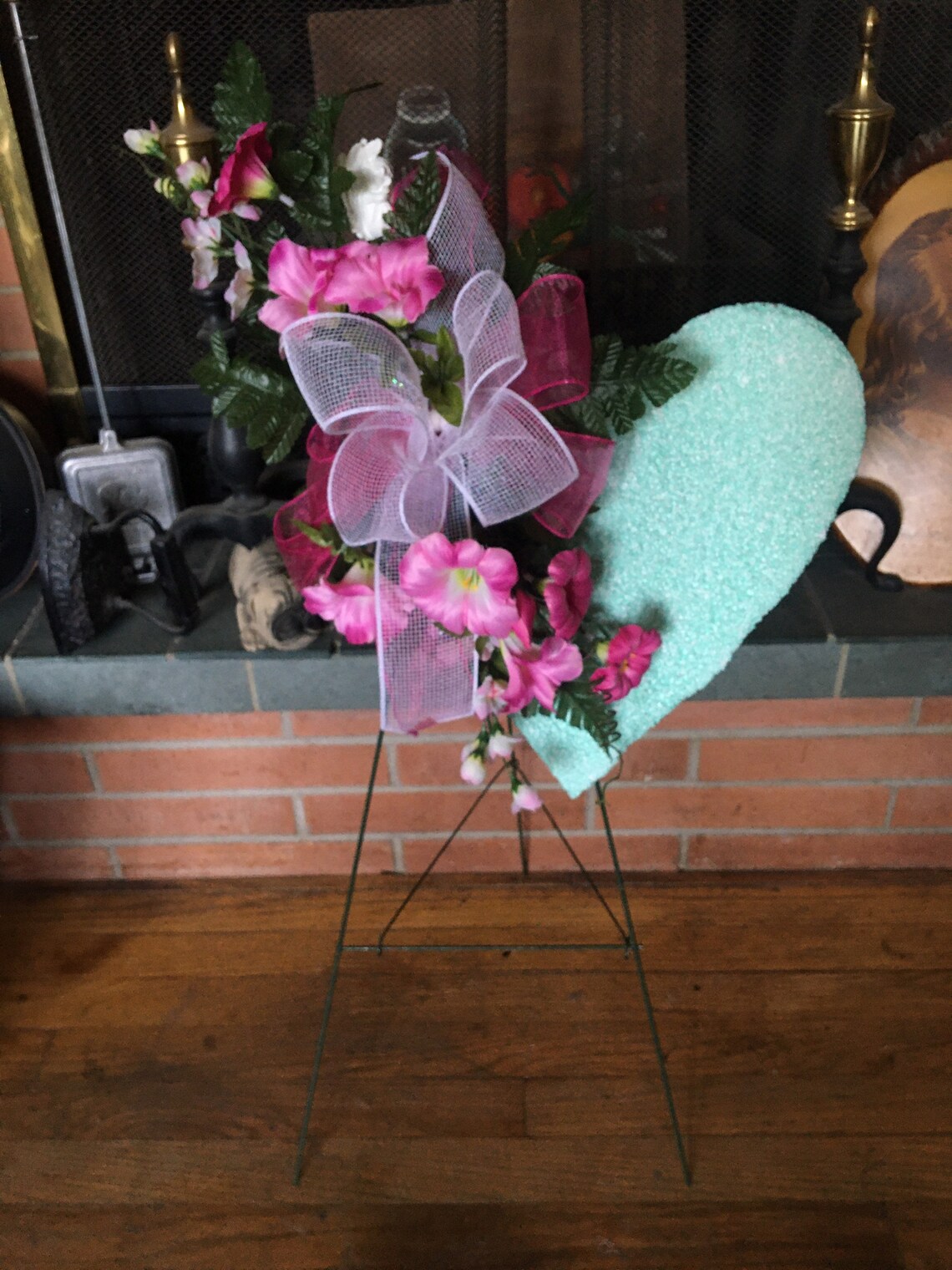 Green/pink Styrofoam Floral Memorial Heart & Stand / Funeral Etsy