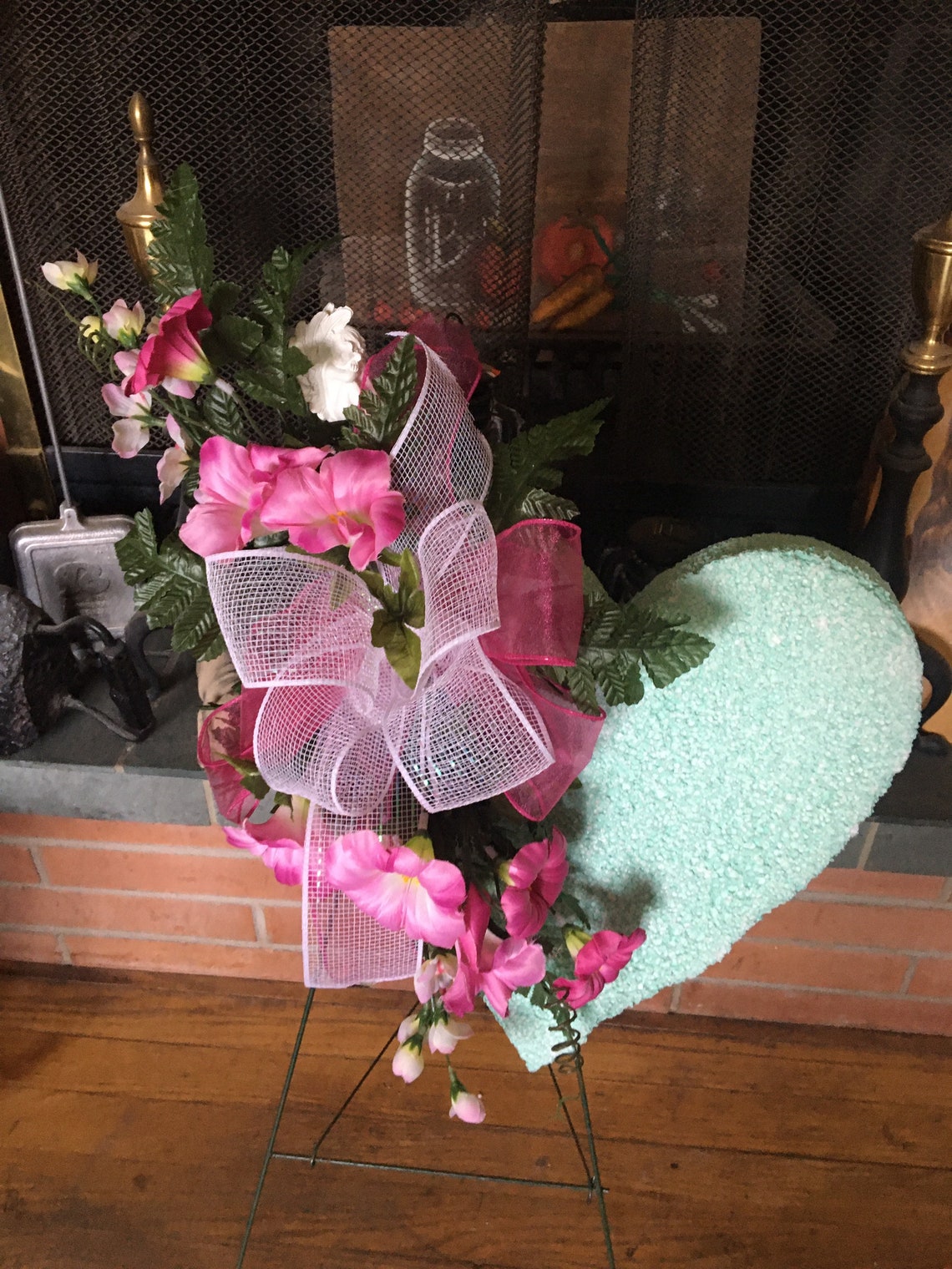 Green/pink Styrofoam Floral Memorial Heart & Stand / Funeral Etsy