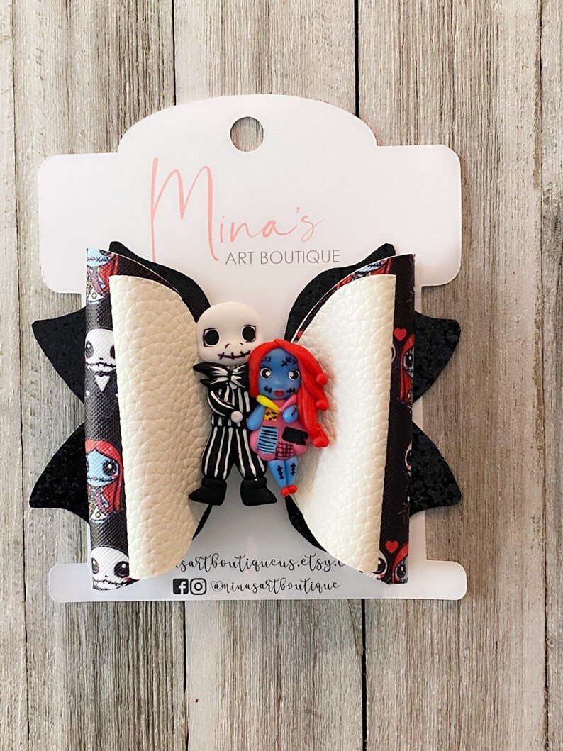 Halloween Bows JACK /& SALLY Girl Handmade Bow Kids Bow Baby Bow Girl Bow Headband Faux Leather Bow Hair Bows