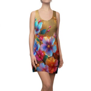 Floral Summer Dress, Golden Racerback Dress, Women&#39;s Summer Clothing, Elegant Sleeveless Dress, Boho Chic Dress