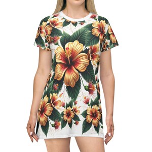 Tropical Floral T-Shirt Dress, Casual Summer Wear, Beach Vacation Outfit, Floral Print Dress, Gift for Her