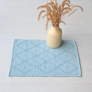 Mini handgewebter hellblauer Teppich, Duschvorleger, Badematte, Schlafzimmerteppich, skandinavischer Teppich, maschinenwaschbarer Teppich, einzigartiger kleiner Teppich, Eingangsteppich