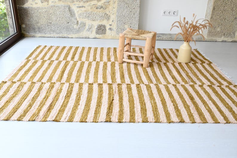 Large Striped Gold and Beige Rug, Bedroom Rug, Living Room Rug
