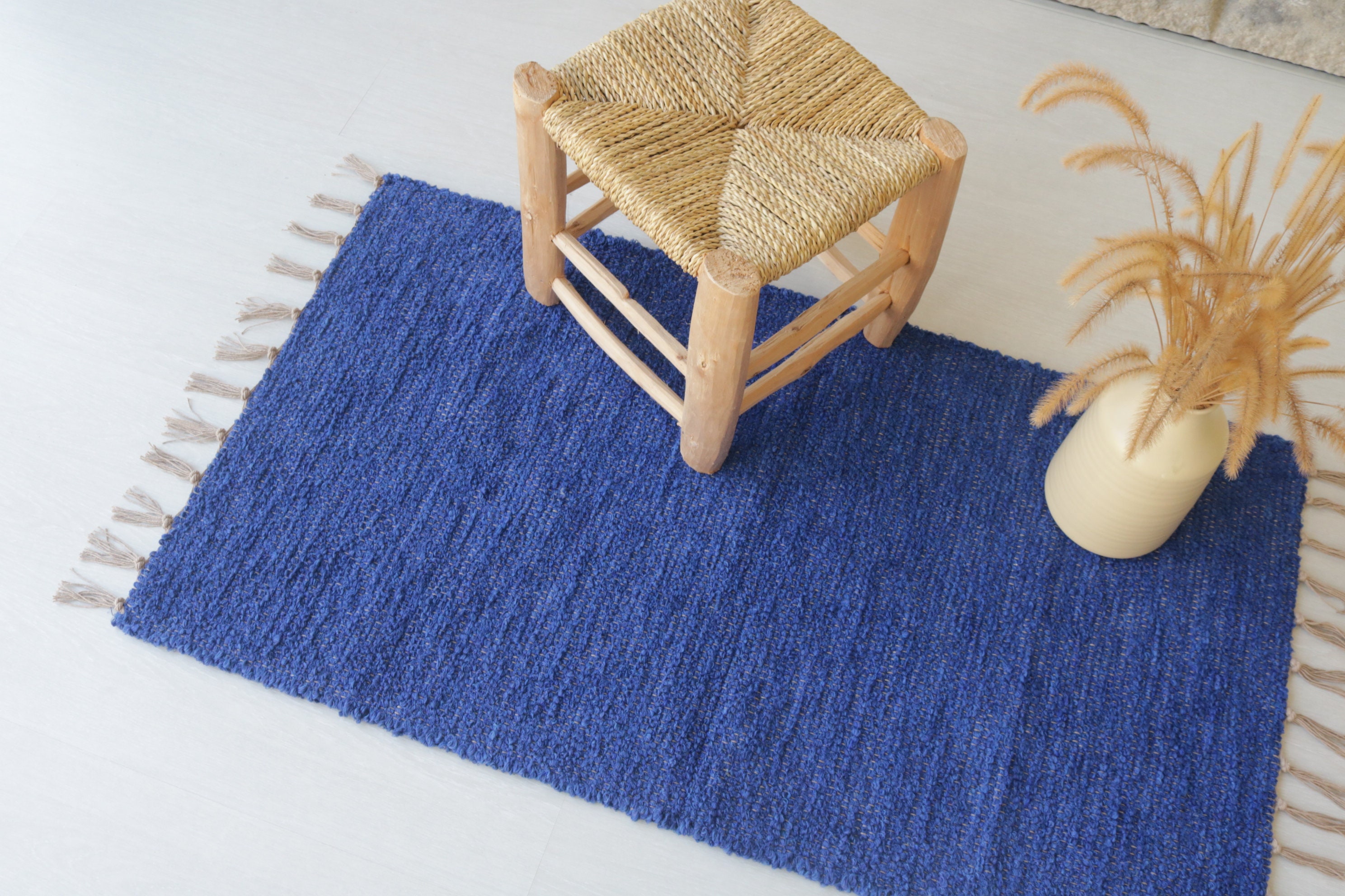 Simple Blue Small Rug Small Handwoven Blue Cotton Rug, Bathroom Rug, Kitchen Rug, Bedroom Rug ...