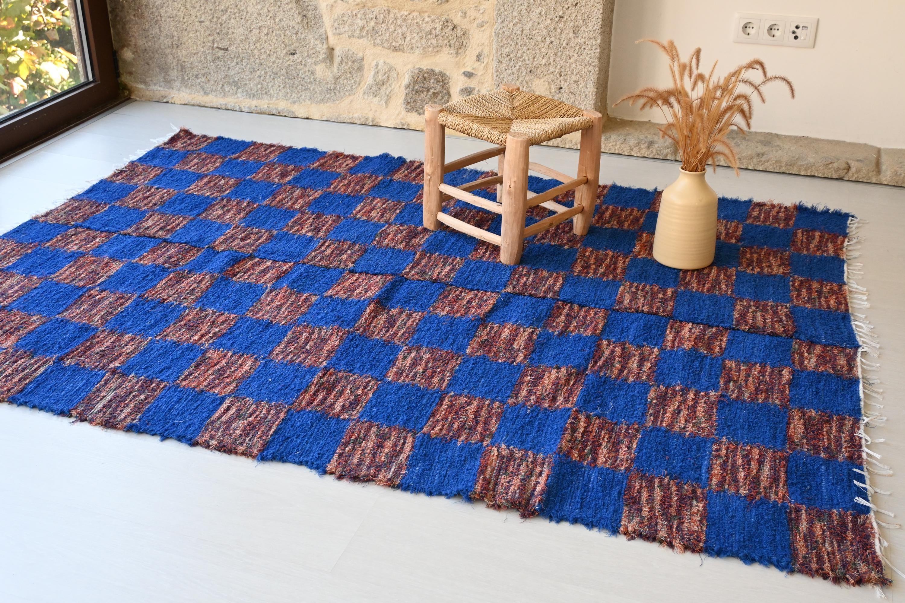 Large Cobalt Blue and Terracotta Rug, Check Rug, Checkered Rug, Bedroom ...