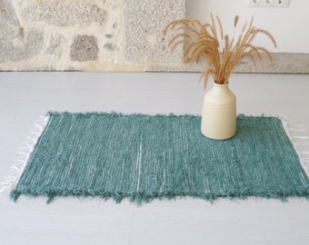 Small handwoven olive green rug, green cotton rug, bathroom rug, shower rug, bedside rug, kitchen rug, bohemian rug, recycled rug