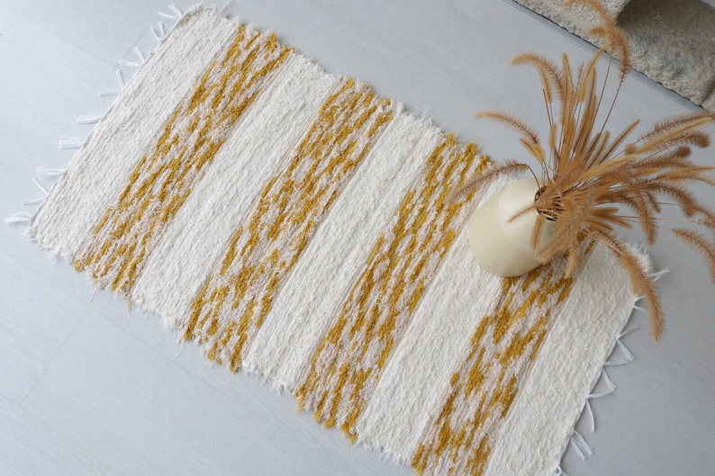 Petit tapis écru et jaune, tapis de salle de bain, tapis de douche, tapis de chevet, tapis de cuisine, gelber teppich, cadeau maman, déco bohème image 7