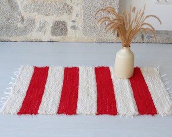 Petit tapis rouge tissé à la main, tapis en coton lavable, tapis de salle de bain, tapis de douche, tapis portugais, tapis de chevet, tapis de cuisine, tapis de bain