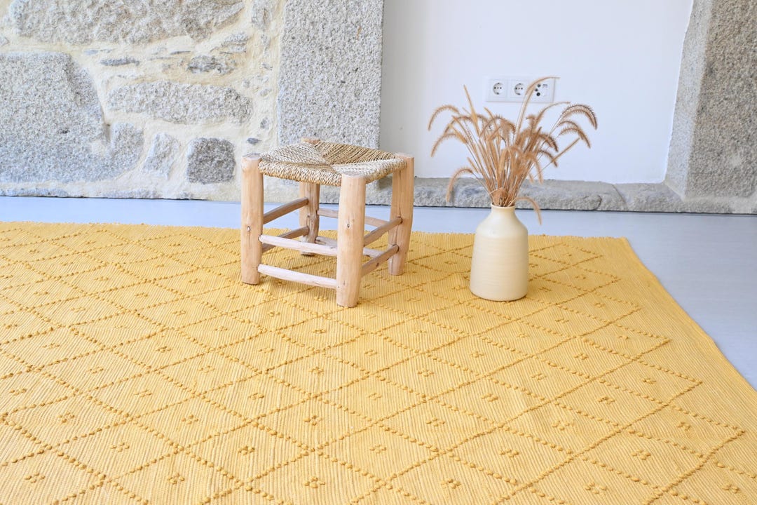 Yellow Rug Rattan Large Yellow Rug With Knots, Geometric Yellow Rug, Bedroom Rug, Living ...