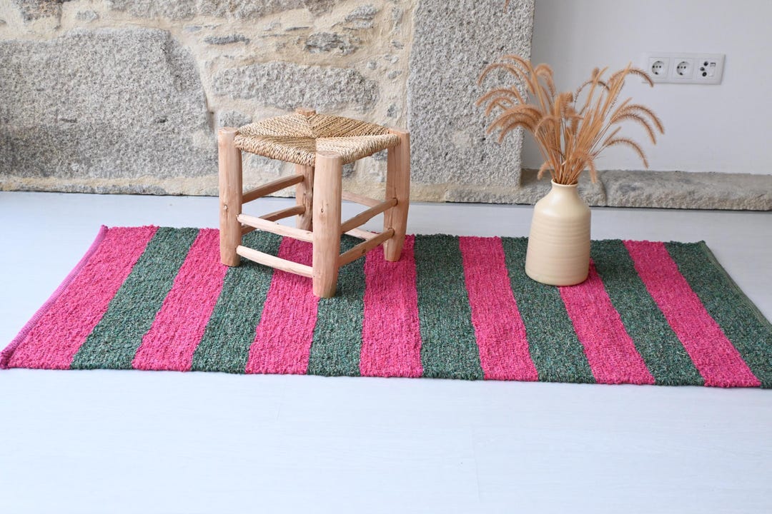 Pink And Green Shell Rug Medium Striped Pink and Green Rug, Bathroom Rug, Kitchen Rug, Bedroom ...