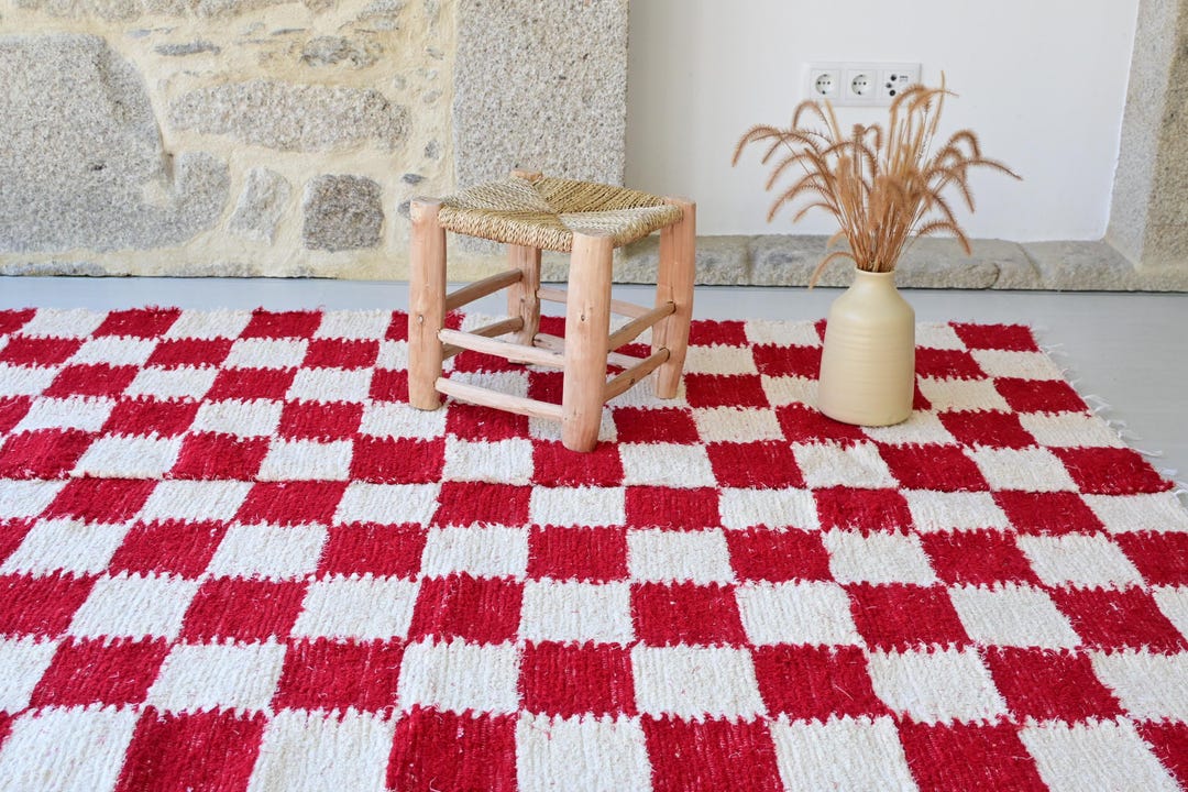 Large Cream and Red Rug, Red Check Rug, Checkered Rug, Bedroom Rug ...