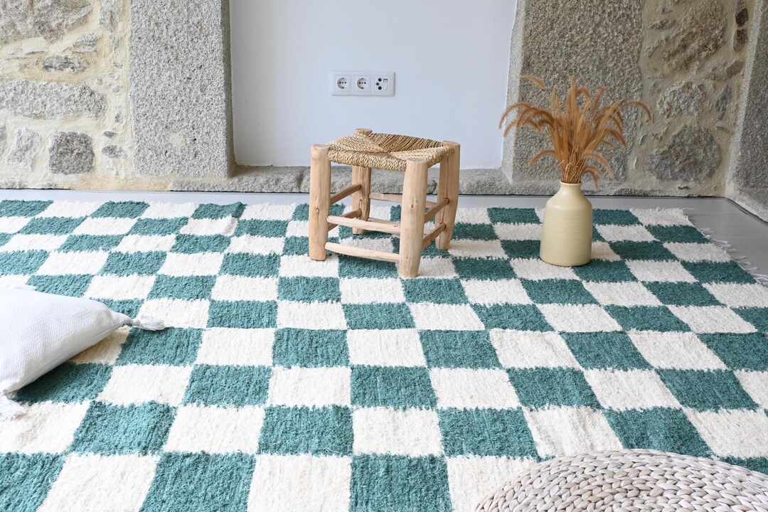 Large Check Cream and Green Rug 200x300cm, Check Rug, Checkered Area ...