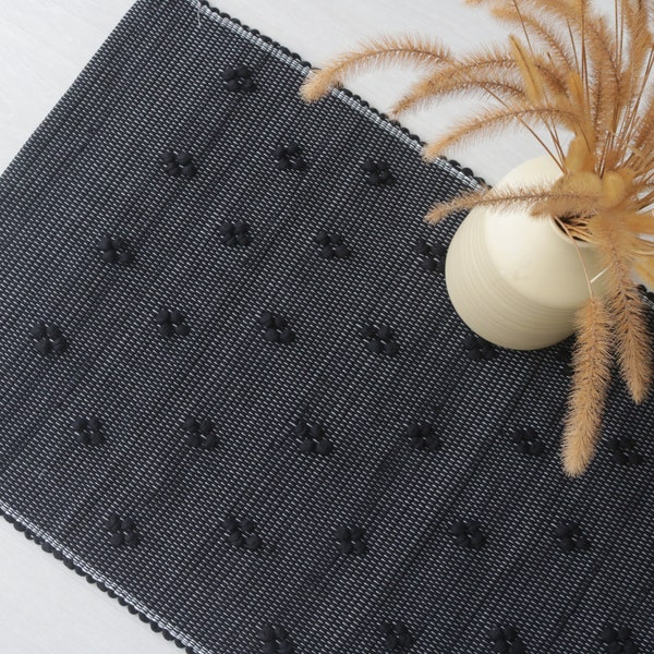 Small handwoven black rug, black cotton rug, bathroom rug, shower rug, bedside rug, kitchen rug, washable rug, tapis de bain, boho rug