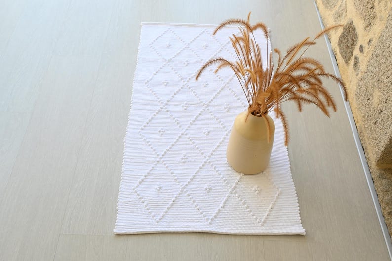 Small Handwoven White Rug, Shower Rug, Bathroom Rug, Bath Mat, Bedside