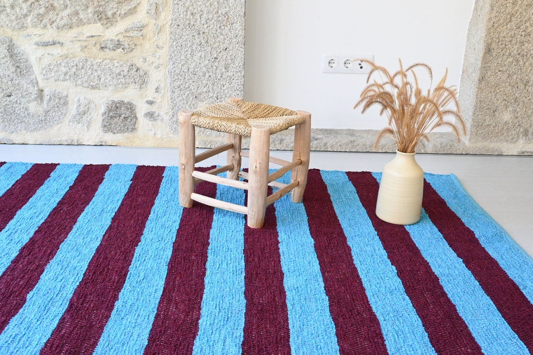 Large Blue and Burgundy Rug 140x200cm, Striped Rug, Living Room Rug ...