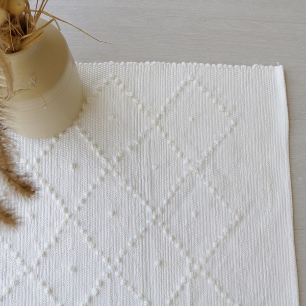 Small handwoven white pearl rug, cotton rug, bathroom rug, bathroom mat, kitchen rug, knotted rug, bohemian rug, boho rug, nursery rug.