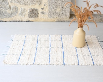 Small cream and blue rug, check rug, bathroom rug, bedroom rug, shower rug, beige and blue checkered rug, kitchen rug, entry rug
