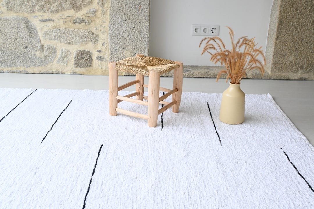 Large White Rug With Black Lines 140x200cm, Living Room Rug, Bedroom ...