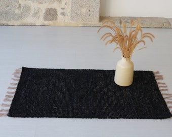 Pequeña alfombra negra tejida a mano, alfombra de algodón negro, alfombra de baño, alfombra de dormitorio, alfombra de ducha, alfombra lavable, alfombra de cocina, schwarzer Teppich, tapis noir