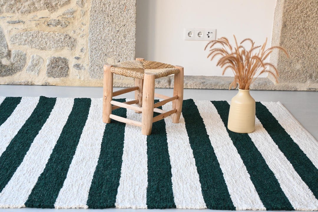Large Striped Green and White Rug 140x200cm, Living Room Rug, Bedroom ...