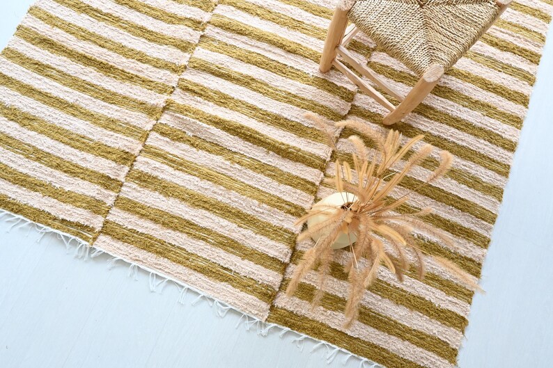 Large Striped Gold and Beige Rug, Bedroom Rug, Living Room Rug
