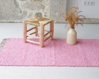 Medium handwoven pink rug, pink cotton rug, nursery rug, girl decoration, bathroom rug, bedroom rug, girls scandi room decor, bohemian rug